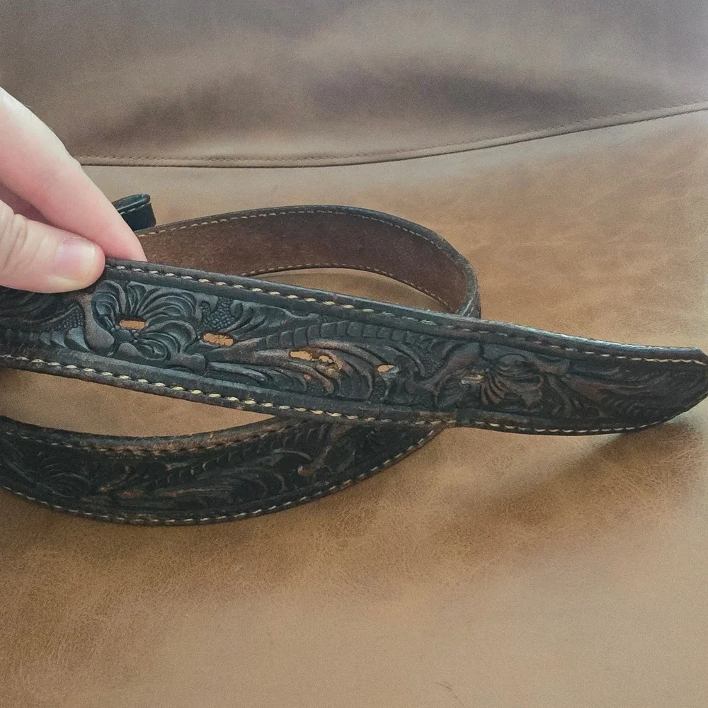 Tony Lama Mens Black Tooled Leather Western Belt Floral Cowboy Size 36